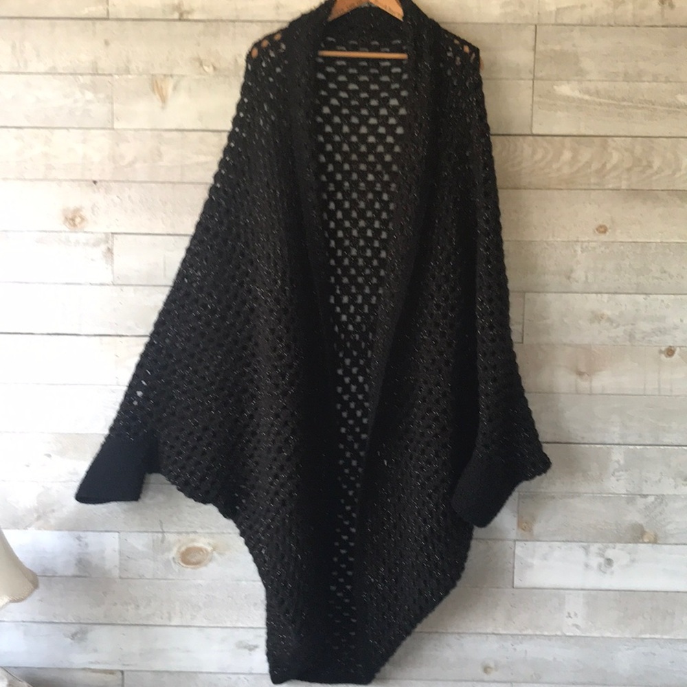 Hand crafted black metallic gold granny stitch maxi cocoon sweater